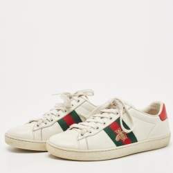 Pre Owned Gucci White Leather Web Detail Bee Embroidered Ace Low Top Sneakers Size 35