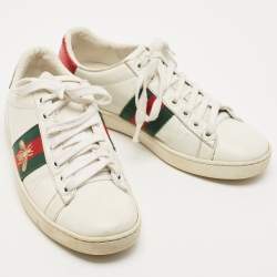 Pre Owned Gucci White Leather Web Detail Bee Embroidered Ace Low Top Sneakers Size 35