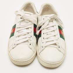 Pre Owned Gucci White Leather Web Detail Bee Embroidered Ace Low Top Sneakers Size 35