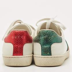 Pre Owned Gucci White Leather Web Detail Bee Embroidered Ace Low Top Sneakers Size 35