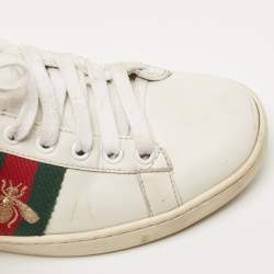 Pre Owned Gucci White Leather Web Detail Bee Embroidered Ace Low Top Sneakers Size 35