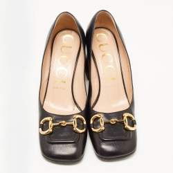 Pre Owned Gucci Black Leather Horsebit Block Heel Pumps Size 39.5