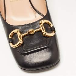 Pre Owned Gucci Black Leather Horsebit Block Heel Pumps Size 39.5