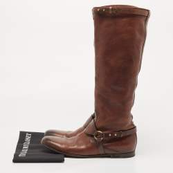 Pre Owned Gucci Brown Leather Riding Knee Boots Size 39.5