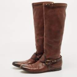 Pre Owned Gucci Brown Leather Riding Knee Boots Size 39.5