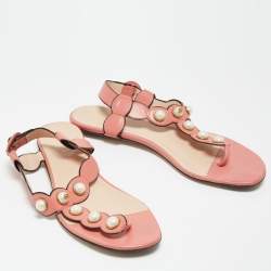 Gucci Pink Leather Pearl Embellished Willow Flat Sandals Size 39