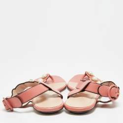 Gucci Pink Leather Pearl Embellished Willow Flat Sandals Size 39