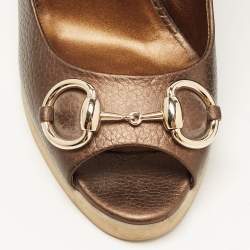 Pre Owned Gucci Olive Green Leather Pee Toe Wedge Pumps Size 38