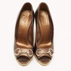 Pre Owned Gucci Olive Green Leather Pee Toe Wedge Pumps Size 38