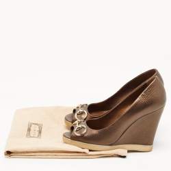 Pre Owned Gucci Olive Green Leather Pee Toe Wedge Pumps Size 38