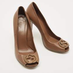 Pre Owned Gucci Brown Leather GG Peep Toe Pumps Size 41