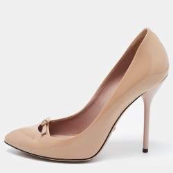 Pre Owned حذاء كعب عالي غوتشي بيفرلي جلد بيج لامع مقاس 36.5