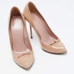 Pre Owned حذاء كعب عالي غوتشي بيفرلي جلد بيج لامع مقاس 36.5