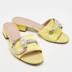 Gucci Yellow Satin Maxime Crystal Icon Bit Open Toe Slides Sandals Size 37