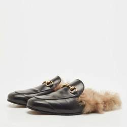 Pre Owned Gucci Black Leather And Fur Princetown Mules Size 40.5