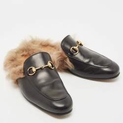 Pre Owned Gucci Black Leather And Fur Princetown Mules Size 40.5