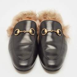 Pre Owned Gucci Black Leather And Fur Princetown Mules Size 40.5