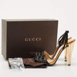 Gucci Black Croc Embossed Leather Slingback Peep Toe Sandals Size 39