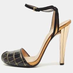 Gucci Black Croc Embossed Leather Slingback Peep Toe Sandals Size 39