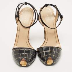 Gucci Black Croc Embossed Leather Slingback Peep Toe Sandals Size 39