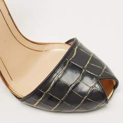 Gucci Black Croc Embossed Leather Slingback Peep Toe Sandals Size 39