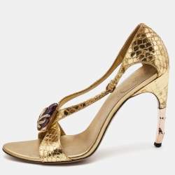 مملوكة مسبقًا Gucci Gold Python Embossed Leather Jeweled Sandals Size 38