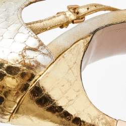 مملوكة مسبقًا Gucci Gold Python Embossed Leather Jeweled Sandals Size 38