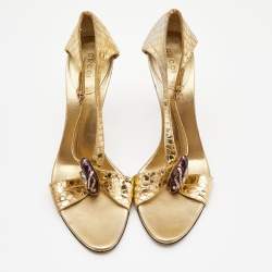 مملوكة مسبقًا Gucci Gold Python Embossed Leather Jeweled Sandals Size 38