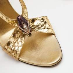 مملوكة مسبقًا Gucci Gold Python Embossed Leather Jeweled Sandals Size 38