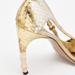 مملوكة مسبقًا Gucci Gold Python Embossed Leather Jeweled Sandals Size 38