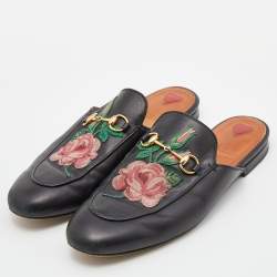 Pre Owned Gucci Black Leather Rose Embroidered Princetown Horsebit Flat Mules Size 40