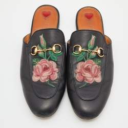 Pre Owned Gucci Black Leather Rose Embroidered Princetown Horsebit Flat Mules Size 40