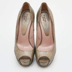 Gucci Metallic Nizza Laser Leather Peep Toe Platform Pumps Size 38