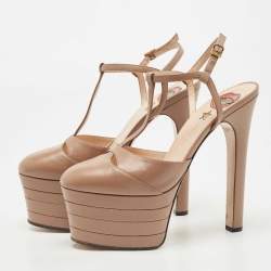 مملوكة مسبقًا Gucci Brown Leather Angel T Strap Platform Pumps Size 37.5