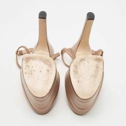 مملوكة مسبقًا Gucci Brown Leather Angel T Strap Platform Pumps Size 37.5