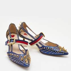 Pre Owned Gucci Metallic Blue Leather Unia Studded Pointed Toe Pumps Size 37.5
