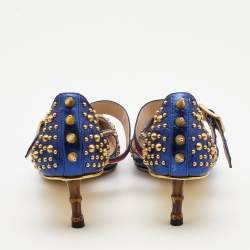 Pre Owned Gucci Metallic Blue Leather Unia Studded Pointed Toe Pumps Size 37.5