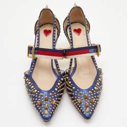 Pre Owned Gucci Metallic Blue Leather Unia Studded Pointed Toe Pumps Size 37.5