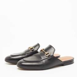 Pre Owned Gucci Black Leather Princetown Flat Mules Size 38