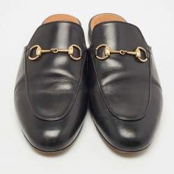 Pre Owned Gucci Black Leather Princetown Flat Mules Size 38