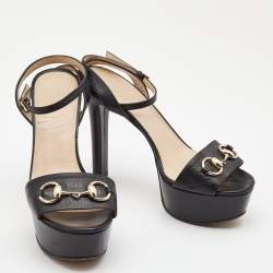 Gucci Black Leather Platform Ankle Strap Sandals Size 37.5