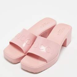 Gucci Pink Rubber Logo Platform Slides Size 36