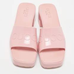 Gucci Pink Rubber Logo Platform Slides Size 36