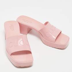Gucci Pink Rubber Logo Platform Slides Size 36