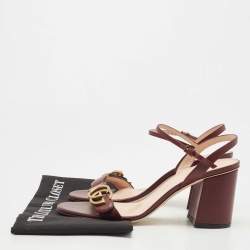 Gucci Burgundy Leather GG Marmont Block Heel Ankle Strap Sandals Size 40