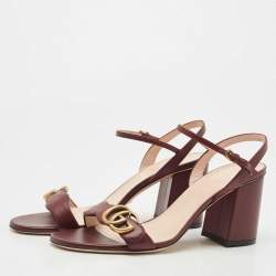 Gucci Burgundy Leather GG Marmont Block Heel Ankle Strap Sandals Size 40