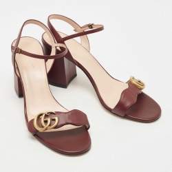 Gucci Burgundy Leather GG Marmont Block Heel Ankle Strap Sandals Size 40
