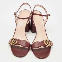 Gucci Burgundy Leather GG Marmont Block Heel Ankle Strap Sandals Size 40