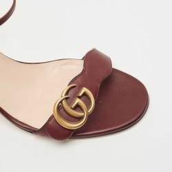 Gucci Burgundy Leather GG Marmont Block Heel Ankle Strap Sandals Size 40