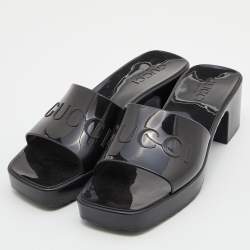 Gucci Black Rubber Logo Platform Slide Sandals Size 35